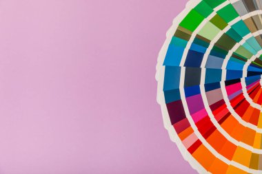 Parlak renkli arka planda renk paleti. Renkli palet rehberi. Gökkuşağı renklerinin kağıt kataloğu. Yaratıcı. Palet, trend renk örnekleri. Renk örnekleri. Dekor ve iç mimar. Üst görünüm. 