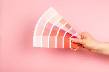 Parlak renkli arka planda renk paleti. Renkli palet rehberi. Gökkuşağı renklerinin kağıt kataloğu. Yaratıcı. Palet, trend renk örnekleri. Renk örnekleri. Dekor ve iç mimar. Üst görünüm. 