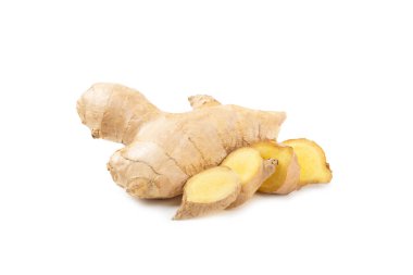 Fresh ginger isolated on white background. Sliced ginger. Ginger root. Traditional alternative medicine, healing tea for immunity. Close-up. clipart