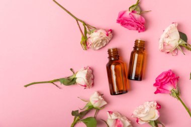 Arka planda gül yağı. Güller ve bir şişe parfümlü su. Romaterapi tedavisi. Güzellik konsepti. Spa prosedürü. Doğal organik yağ. Stres önleyici, detoks gevşetici.