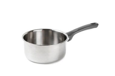 Paslanmaz çelik tencere beyaz arka planda izole edilmiş. Modern tencere. Mutfak aletleri. Pişirme tavası. Yemek pişirme konsepti. Model