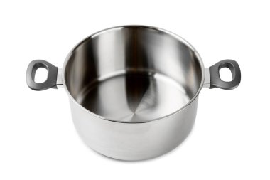 Paslanmaz çelik tencere beyaz arka planda izole edilmiş. Modern tencere. Mutfak aletleri. Pişirme tavası. Yemek pişirme konsepti. Model