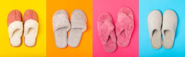 Açık renkli arka planda yumuşak terlikler, yakın plan. Ev terlikleri. Ev için rahat ayakkabılar. Ayak bakımı konsepti. Ev rahatlığı. Mesaj için yer var. Boşluğu kopyala.
