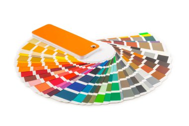 Beyaz arkaplanda izole edilmiş renk paleti. Renkli palet rehberi. Gökkuşağı renklerinin kağıt kataloğu. Yaratıcı. Palet, trend renk örnekleri. Renk örnekleri. Dekorasyon ve iç mimar.