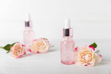 Arka planda gül yağı. Güller ve bir şişe parfümlü su. Romaterapi tedavisi. Güzellik konsepti. Spa prosedürü. Doğal organik yağ. Stres önleyici, detoks gevşetici.