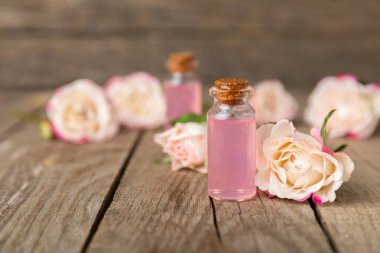 Arka planda gül yağı. Güller ve bir şişe parfümlü su. Romaterapi tedavisi. Güzellik konsepti. Spa prosedürü. Doğal organik yağ. Stres önleyici, detoks gevşetici.