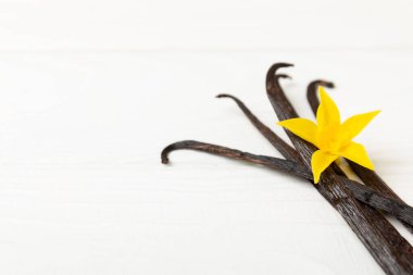 Dokulu bir arka planda vanilya kabukları. Vanilya çiçekleri ve tohumlar. Vanilyalı fasulye. Hamur işleri ve tatlılar için baharatlı baharat. Baharat. Mesaj için yer var. Boşluğu Kopyala