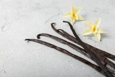 Dokulu bir arka planda vanilya kabukları. Vanilya çiçekleri ve tohumlar. Vanilyalı fasulye. Hamur işleri ve tatlılar için baharatlı baharat. Baharat. Mesaj için yer var. Boşluğu Kopyala