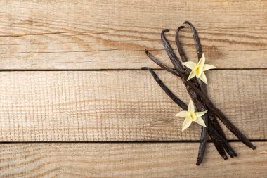 Dokulu bir arka planda vanilya kabukları. Vanilya çiçekleri ve tohumlar. Vanilyalı fasulye. Hamur işleri ve tatlılar için baharatlı baharat. Baharat. Mesaj için yer var. Boşluğu Kopyala