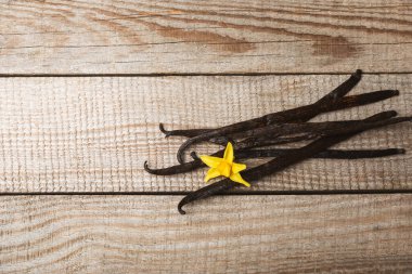 Dokulu bir arka planda vanilya kabukları. Vanilya çiçekleri ve tohumlar. Vanilyalı fasulye. Hamur işleri ve tatlılar için baharatlı baharat. Baharat. Mesaj için yer var. Boşluğu Kopyala