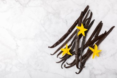 Dokulu bir arka planda vanilya kabukları. Vanilya çiçekleri ve tohumlar. Vanilyalı fasulye. Hamur işleri ve tatlılar için baharatlı baharat. Baharat. Mesaj için yer var. Boşluğu Kopyala