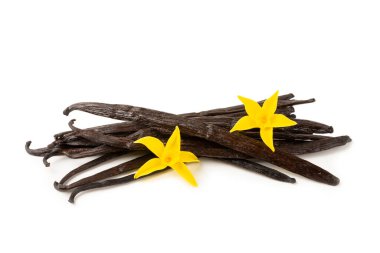 Beyaz arka planda izole edilmiş vanilya kabukları. Vanilya çiçekleri ve tohumlar. Vanilyalı fasulye. Hamur işleri ve tatlılar için baharatlı baharat. Baharat. Mesaj için yer var. Boşluğu Kopyala