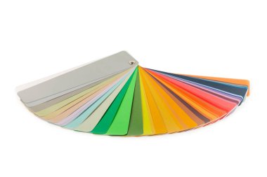 Beyaz arkaplanda izole edilmiş renk paleti. Renkli palet rehberi. Gökkuşağı renklerinin kağıt kataloğu. Yaratıcı. Palet, trend renk örnekleri. Renk örnekleri. Dekorasyon ve iç mimar.