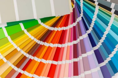 Beyaz arkaplanda izole edilmiş renk paleti. Renkli palet rehberi. Gökkuşağı renklerinin kağıt kataloğu. Yaratıcı. Palet, trend renk örnekleri. Renk örnekleri. Dekorasyon ve iç mimar.