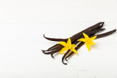 Dokulu bir arka planda vanilya kabukları. Vanilya çiçekleri ve tohumlar. Vanilyalı fasulye. Hamur işleri ve tatlılar için baharatlı baharat. Baharat. Mesaj için yer var. Boşluğu Kopyala