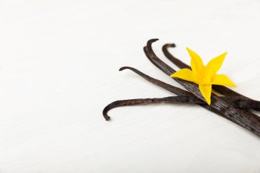 Dokulu bir arka planda vanilya kabukları. Vanilya çiçekleri ve tohumlar. Vanilyalı fasulye. Hamur işleri ve tatlılar için baharatlı baharat. Baharat. Mesaj için yer var. Boşluğu Kopyala