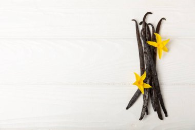 Dokulu bir arka planda vanilya kabukları. Vanilya çiçekleri ve tohumlar. Vanilyalı fasulye. Hamur işleri ve tatlılar için baharatlı baharat. Baharat. Mesaj için yer var. Boşluğu Kopyala