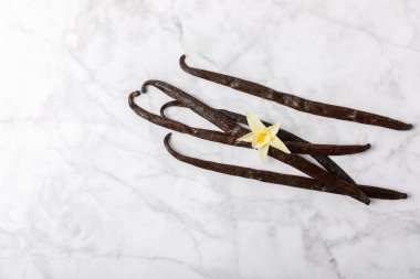 Dokulu bir arka planda vanilya kabukları. Vanilya çiçekleri ve tohumlar. Vanilyalı fasulye. Hamur işleri ve tatlılar için baharatlı baharat. Baharat. Mesaj için yer var. Boşluğu Kopyala