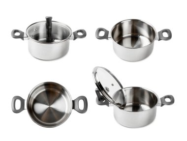Paslanmaz çelik tencere beyaz arka planda izole edilmiş. Modern tencere. Mutfak aletleri. Pişirme tavası. Yemek pişirme konsepti. Model