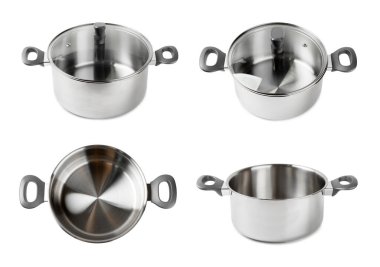 Paslanmaz çelik tencere beyaz arka planda izole edilmiş. Modern tencere. Mutfak aletleri. Pişirme tavası. Yemek pişirme konsepti. Model