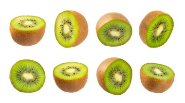 Kiwi beyaz arka planda izole edildi. Beyaz arka planda tam meyve ve dilim kivi. Taze sulu kivi. Tropik meyve. Organik meyve.