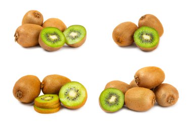 Kiwi beyaz arka planda izole edildi. Beyaz arka planda tam meyve ve dilim kivi. Taze sulu kivi. Tropik meyve. Organik meyve.