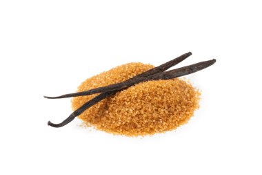 Aromatik vanilya şekeri. Vanilya kabukları. Vanilya çubukları, beyaz arka planda izole edilmiş kahverengi ve beyaz şeker. Vanilya çiçekleri, baharatlar ve tatlı ve pişirme için bitkiler. Mesaj için yer var. Boşluğu kopyala