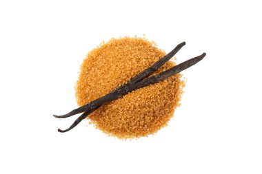 Aromatik vanilya şekeri. Vanilya kabukları. Vanilya çubukları, beyaz arka planda izole edilmiş kahverengi ve beyaz şeker. Vanilya çiçekleri, baharatlar ve tatlı ve pişirme için bitkiler. Mesaj için yer var. Boşluğu kopyala