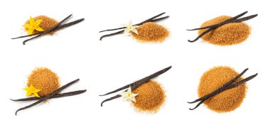 Aromatik vanilya şekeri. Vanilya kabukları. Vanilya çubukları, beyaz arka planda izole edilmiş kahverengi ve beyaz şeker. Vanilya çiçekleri, baharatlar ve tatlı ve pişirme için bitkiler. Mesaj için yer var. Boşluğu kopyala