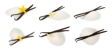 Aromatik vanilya şekeri. Vanilya kabukları. Vanilya çubukları, beyaz arka planda izole edilmiş kahverengi ve beyaz şeker. Vanilya çiçekleri, baharatlar ve tatlı ve pişirme için bitkiler. Mesaj için yer var. Boşluğu kopyala