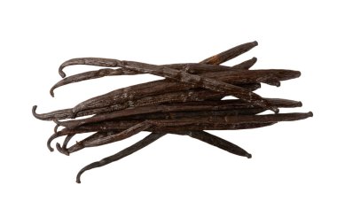 Beyaz arka planda izole edilmiş vanilya kabukları. Vanilya çiçekleri ve tohumlar. Vanilyalı fasulye. Hamur işleri ve tatlılar için baharatlı baharat. Baharat. Mesaj için yer var. Boşluğu Kopyala