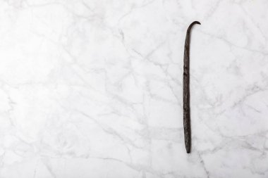 Dokulu bir arka planda vanilya kabukları. Vanilya çiçekleri ve tohumlar. Vanilyalı fasulye. Hamur işleri ve tatlılar için baharatlı baharat. Baharat. Mesaj için yer var. Boşluğu Kopyala