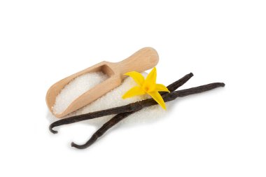 Aromatik vanilya şekeri. Vanilya kabukları. Vanilya çubukları, beyaz arka planda izole edilmiş kahverengi ve beyaz şeker. Vanilya çiçekleri, baharatlar ve tatlı ve pişirme için bitkiler. Mesaj için yer var. Boşluğu kopyala