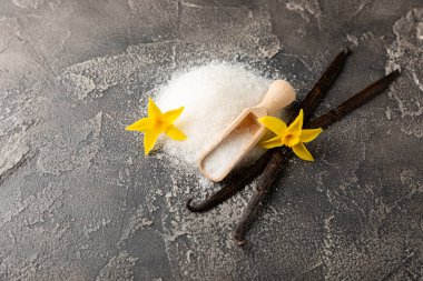 Aromatik vanilya şekeri. Vanilya kabukları. Vanilya çubukları, esmer ve beyaz şeker dokulu arka planda bir kasede. Vanilya çiçekleri, baharatlar ve tatlı ve pişirme için bitkiler. Mesaj için yer var. Boşluğu kopyala