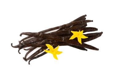 Beyaz arka planda izole edilmiş vanilya kabukları. Vanilya çiçekleri ve tohumlar. Vanilyalı fasulye. Hamur işleri ve tatlılar için baharatlı baharat. Baharat. Mesaj için yer var. Boşluğu Kopyala