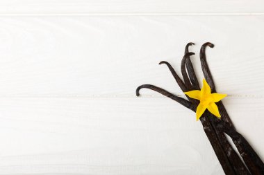 Dokulu bir arka planda vanilya kabukları. Vanilya çiçekleri ve tohumlar. Vanilyalı fasulye. Hamur işleri ve tatlılar için baharatlı baharat. Baharat. Mesaj için yer var. Boşluğu Kopyala