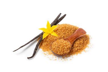 Aromatik vanilya şekeri. Vanilya kabukları. Vanilya çubukları, beyaz arka planda izole edilmiş kahverengi ve beyaz şeker. Vanilya çiçekleri, baharatlar ve tatlı ve pişirme için bitkiler. Mesaj için yer var. Boşluğu kopyala