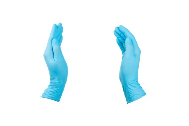 Beyaz arka planda izole edilmiş tıbbi nitril eldivenler. Cerrahi lateks eldivenler. Lastik eldiven üretimi. Doktor ya da hemşire koruyucu eldiven takıyor. Tıp konsepti. Kısırlık, koruma.