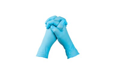 Beyaz arka planda izole edilmiş tıbbi nitril eldivenler. Cerrahi lateks eldivenler. Lastik eldiven üretimi. Doktor ya da hemşire koruyucu eldiven takıyor. Tıp konsepti. Kısırlık, koruma.