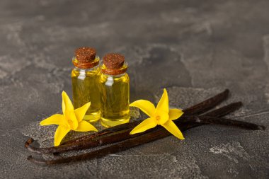 Bir şişe vanilya yağı ve desenli arka planda vanilya çiçeği. aromatik vanilyalı fasulye. Vanilya özü. Spa konsepti. Güzellik ve özen. Mesaj için yer. Boşluğu kopyala.