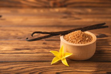 Aromatik vanilya şekeri. Vanilya kabukları. Vanilya çubukları, esmer ve beyaz şeker dokulu arka planda bir kasede. Vanilya çiçekleri, baharatlar ve tatlı ve pişirme için bitkiler. Mesaj için yer var. Boşluğu kopyala