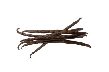 Beyaz arka planda izole edilmiş vanilya kabukları. Vanilya çiçekleri ve tohumlar. Vanilyalı fasulye. Hamur işleri ve tatlılar için baharatlı baharat. Baharat. Mesaj için yer var. Boşluğu Kopyala