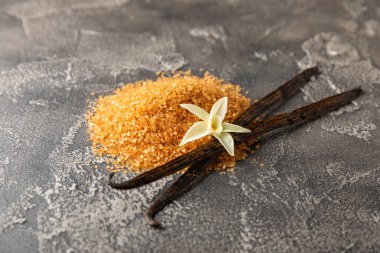 Aromatik vanilya şekeri. Vanilya kabukları. Vanilya çubukları, esmer ve beyaz şeker dokulu arka planda bir kasede. Vanilya çiçekleri, baharatlar ve tatlı ve pişirme için bitkiler. Mesaj için yer var. Boşluğu kopyala