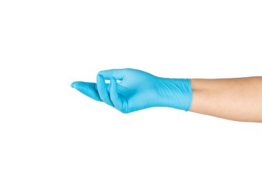 Beyaz arka planda izole edilmiş tıbbi nitril eldivenler. Cerrahi lateks eldivenler. Lastik eldiven üretimi. Doktor ya da hemşire koruyucu eldiven takıyor. Tıp konsepti. Kısırlık, koruma.