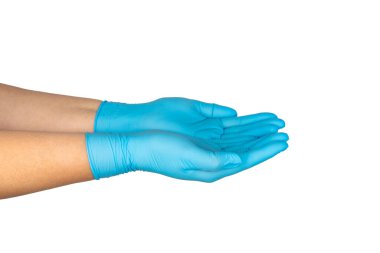 Beyaz arka planda izole edilmiş tıbbi nitril eldivenler. Cerrahi lateks eldivenler. Lastik eldiven üretimi. Doktor ya da hemşire koruyucu eldiven takıyor. Tıp konsepti. Kısırlık, koruma.