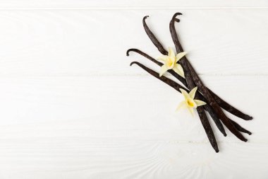 Dokulu bir arka planda vanilya kabukları. Vanilya çiçekleri ve tohumlar. Vanilyalı fasulye. Hamur işleri ve tatlılar için baharatlı baharat. Baharat. Mesaj için yer var. Boşluğu Kopyala