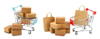 Çevrimiçi alışveriş kavramı. Karton kutu ve alışveriş poşetleri beyaz arka planda izole edilmiş bir tramvayda. Alışveriş sepeti. İnternetten bilgisayar, tablet, telefon ve kredi kartı kullanarak alışveriş. Eve teslim.