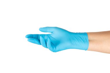 Beyaz arka planda izole edilmiş tıbbi nitril eldivenler. Cerrahi lateks eldivenler. Lastik eldiven üretimi. Doktor ya da hemşire koruyucu eldiven takıyor. Tıp konsepti. Kısırlık, koruma.