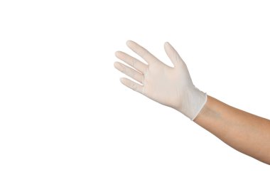 Beyaz arka planda izole edilmiş tıbbi nitril eldivenler. Cerrahi lateks eldivenler. Lastik eldiven üretimi. Doktor ya da hemşire koruyucu eldiven takıyor. Tıp konsepti. Kısırlık, koruma.