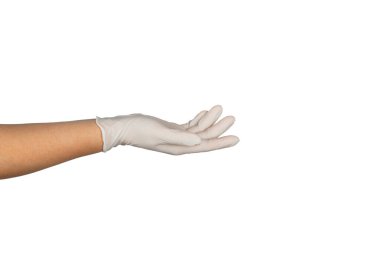 Beyaz arka planda izole edilmiş tıbbi nitril eldivenler. Cerrahi lateks eldivenler. Lastik eldiven üretimi. Doktor ya da hemşire koruyucu eldiven takıyor. Tıp konsepti. Kısırlık, koruma.